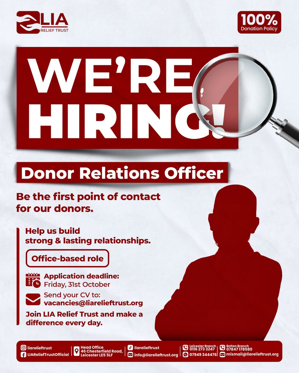 LIAReliefTrust's tweet image. 📢 We’re Hiring – Donor Relations Officer

Join LIA Relief Trust to help manage and strengthen donor relationships.

📍 Office-based

📅 Apply by 31st Oct

📧 vacancies@liarelieftrust.org

Work with a purpose-driven team.

#LIAReliefTrust #JobAlert #CharityJobs #JoinOurTeam
