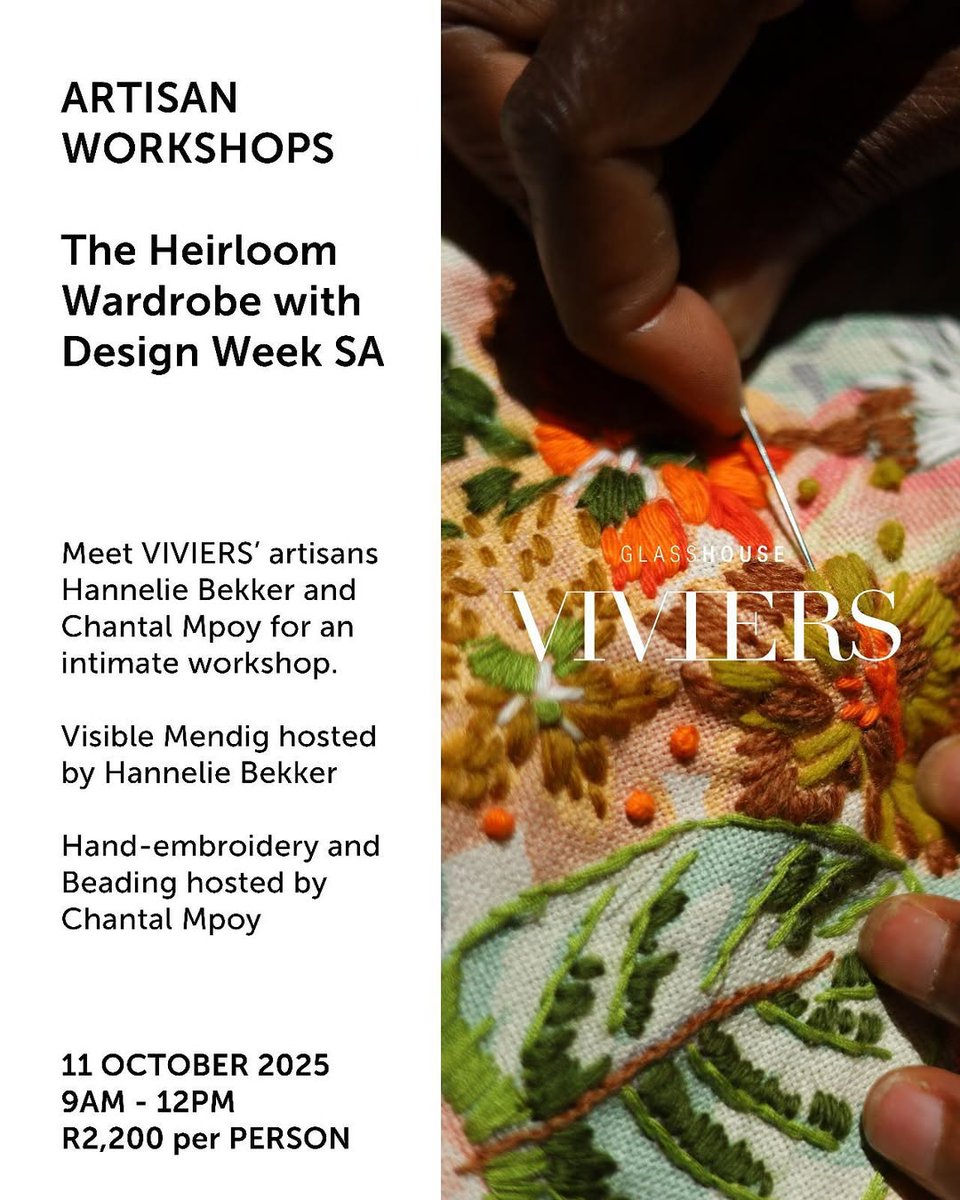 safashionweek's tweet photo. Join VIVERS on 11 Oct for The Heirloom Wardrobe as part of Design Week SA 🌿
🪡 Workshops (R2,200): Hand-Embroidery or Visible Mending
🎨 Studio Open Day (Free): Art, film & conversation
🎟 Book: https://t.co/MQBawQCnAh
#ViviersStudio #SAFW #DesignWeekSA https://t.co/UvfuoDSfQs