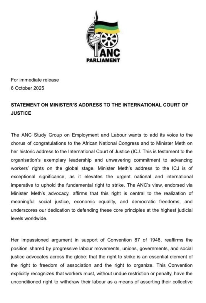 1Khosi_Meth's tweet image. “Media statement on Minister’s address to the International Court of Justice - @ANCParliament @MYANC #ANCatWork #ICJ #WorkersRights