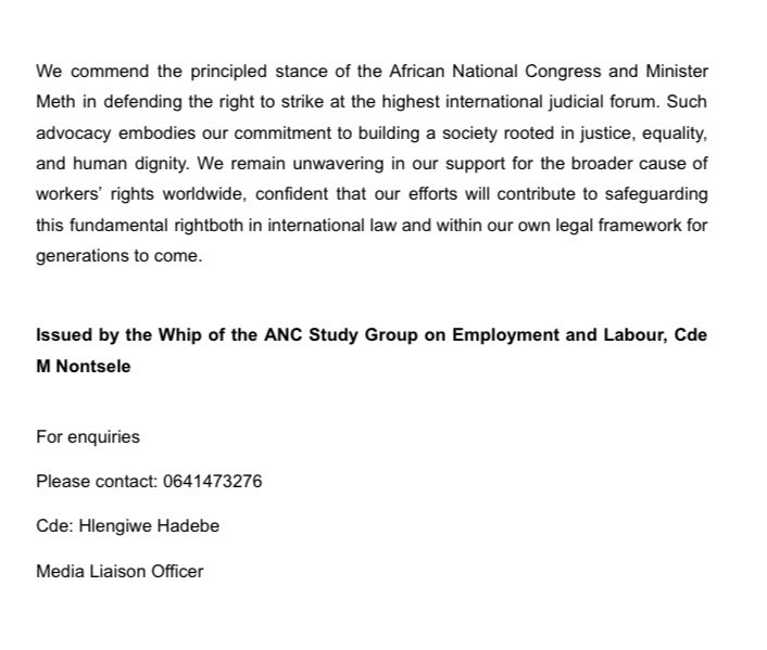 1Khosi_Meth's tweet image. “Media statement on Minister’s address to the International Court of Justice - @ANCParliament @MYANC #ANCatWork #ICJ #WorkersRights