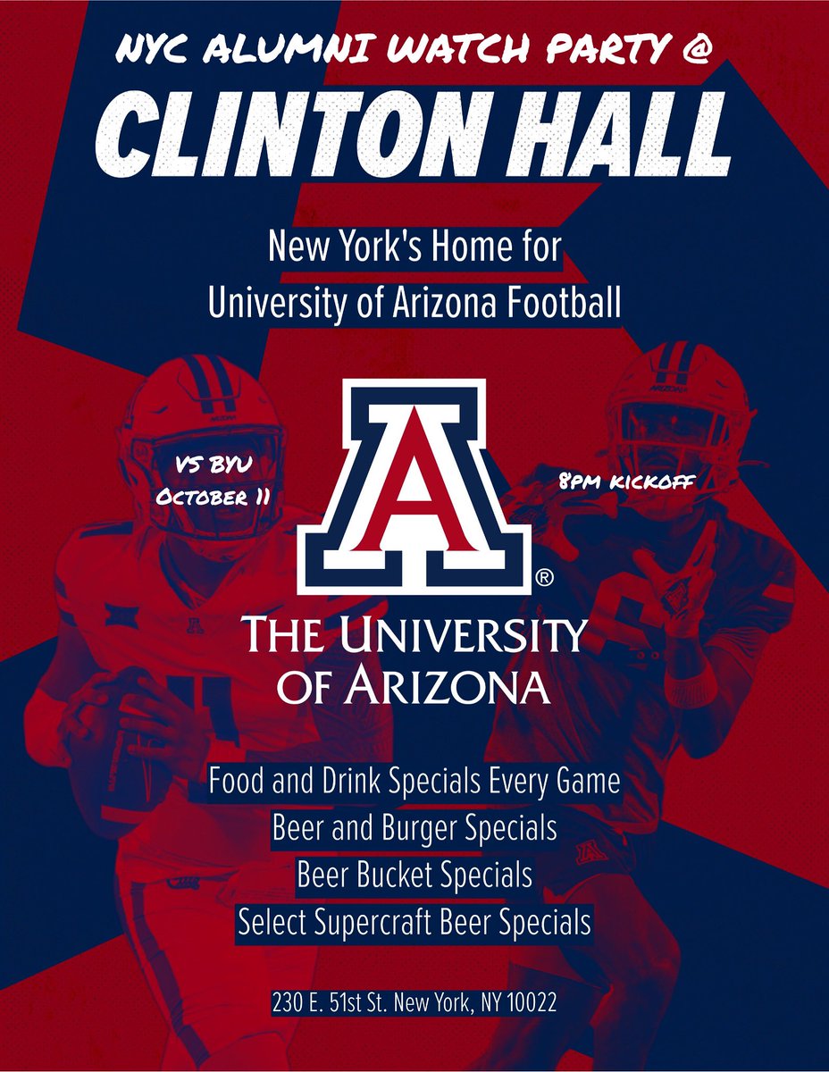 Wildcats in NYC, get ready to 🐻⬇️
🏈Arizona vs BYU
📆 Sat, Oct 11 • Kickoff 8 PM ET
📍 Clinton Hall @clintonhallny
✅ RSVP: facebook.com/share/17f6SZef…
👥 Tag your watch-party crew.
#BearDown #ArizonaFootball #NYCWildcats