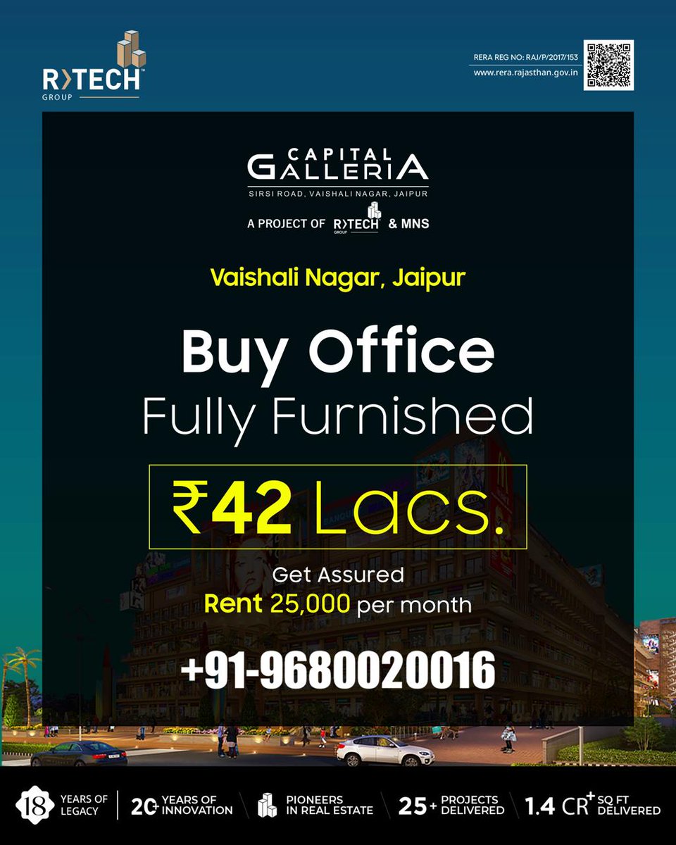 rtech_group's tweet image. 🚀 Own Your Dream Office in Vaishali Nagar!
💼 Fully Furnished | ₹42 Lakhs
Assured Rent ₹25,000/month
📍 Capital Galleria, Sirsi Road
📞 Call: +91-9680020016

#Rtechgroup #Commercial #Officeforsale #Vaishalinagar #Buy #Capitalgalleria #Jaipur #Location #Primeofficelocation