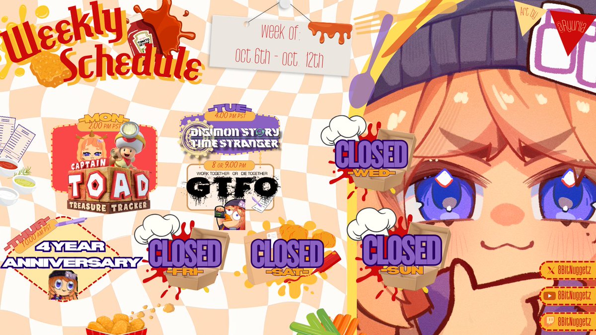 🍗DING DING DING!! OUR MENU COMING IN HOT!!🍗

💜Monday: FINALE OF CAPTAIN TOAD ADVENTURES?

🧡Tuesday: MORE DIGIMON FOLLOWED BY GTFO COLLAB~

💙Thursday: MY 4 YEAR STREAM ANNIVERSARY WHAT THE HECK. WE WILL BE DOING A SEISO CHALLENGE ALL DAY AHHHH