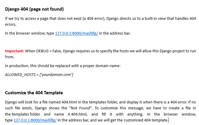 AarchiPalikhel's tweet photo. #LUD9 summary: I customized my app's error handling! Learned to use 'DEBUG = False' & created a custom 404.html template to show a friendly "Page not found" message instead of a generic error. Small detail, big impact! #LearningUtsav2025 #FestivalOfLearning #W3schools #Django https://t.co/W50CVsdcES