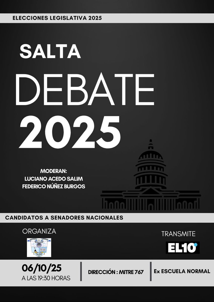 MairaLopez08's tweet photo. HOY el Instituto de Educacion Superior N° 6001 “Gral. Manuel Belgrano” de Salta Capital organizó un debate de candidatos/as a senadores nacionales por la provincia. Ya hay dos ausentes confirmados. Quiénes van a asistir y quiénes no 👇🏾 https://t.co/PGUmx7wSBD