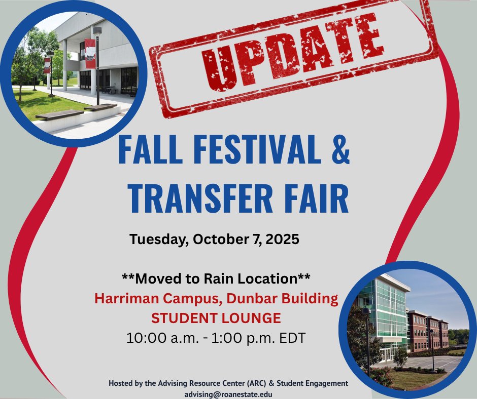 Hey Raiders, we have an UPDATE! The Harriman Campus Fall Festival and Transfer Fair tomorrow has been moved to the Student Lounge (Dunbar Bldg.) due to the chance of rain. Drop by between 10am to 1pm to see Transfer Partners about their programs + you get FREE Lunch!