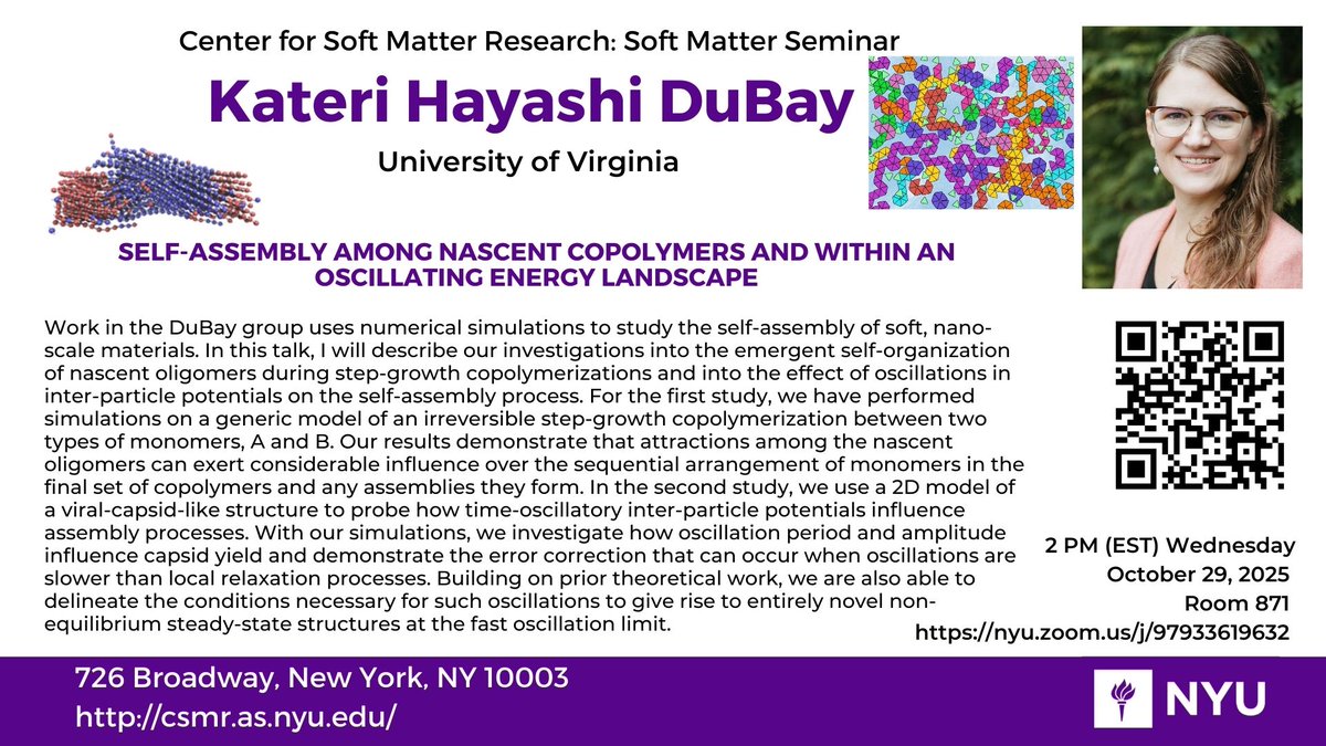 Our next Soft Matter Seminar speaker is Kateri Hayashi DuBay from the University of Virginia.  We hope that you can join us! Wednesday, October 29th at 2PM ET.

<a href="/NYUPhysics/">NYU Physics</a>
<a href="/NYUScience/">NYU Science</a> 
as.nyu.edu/research-cente…