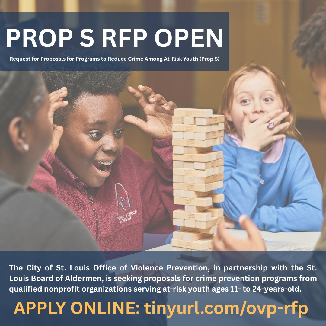 🚨 Prop S RFP Now Open! 🚨

The City of St. Louis is accepting proposals for 2026–2027 programs to reduce crime among at‑risk youth (ages 11–24).

Learn more and apply: tinyurl.com/ovp-rfp

#props #ovp #stl #youth