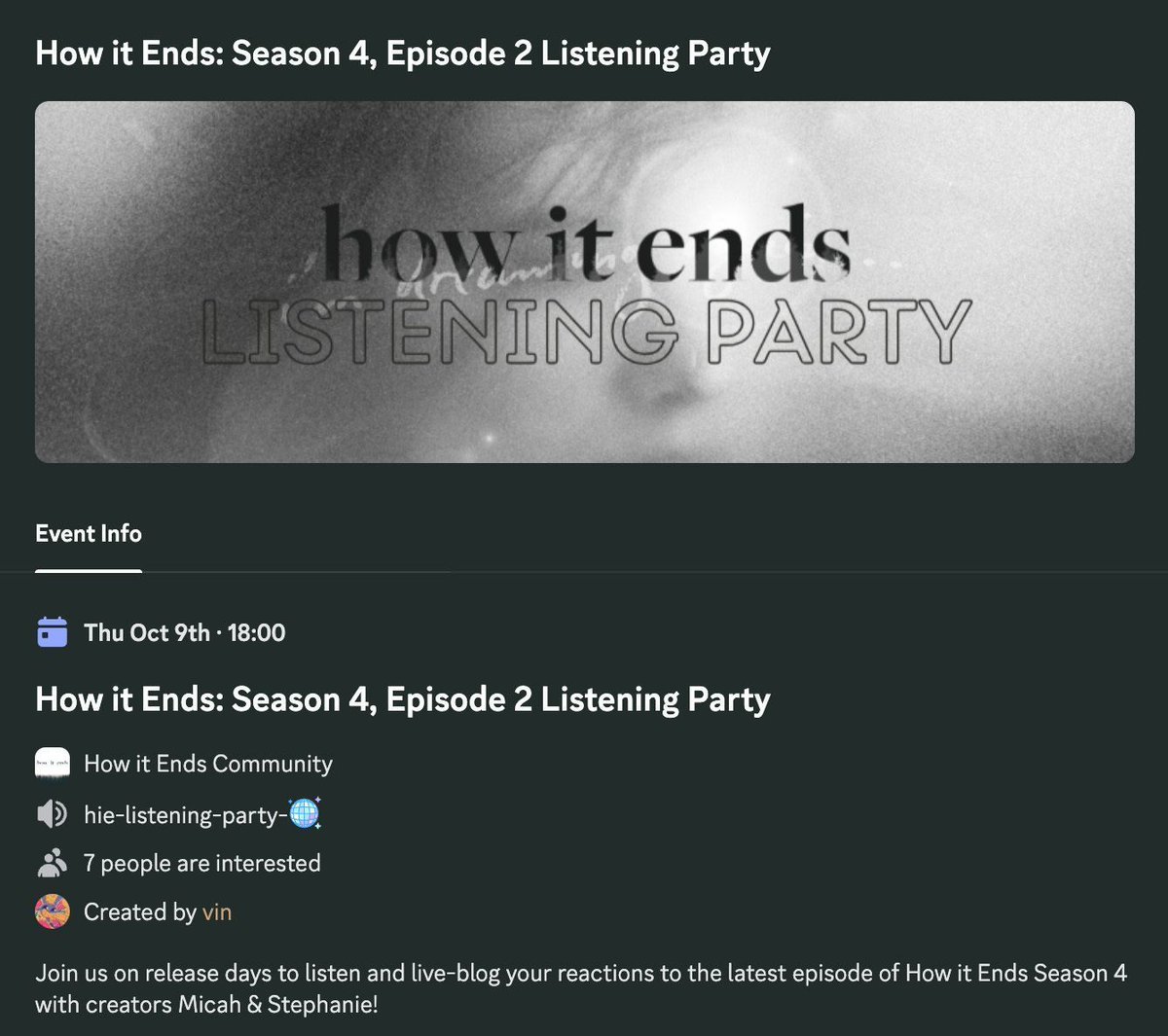 Don't forget to join our Discord server for the Season 4 episode release day listening events! Next up: Episode 2 on Thursday, Oct 9 at 6:00PM EST. Sign up now: buff.ly/OWfgXEl 

#HowItEndsPodcast #AudioFiction #HowItEndsStudio #MysteryPodcasts  <a href="/fableandfolly/">Fable and Folly</a>