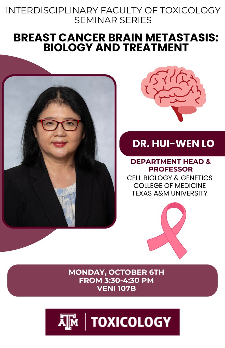 Join us today at 3:30pm in VENI 107B for a seminar with Dr. Hui-Wen Lo! #CancerToxicology #BreastCancerAwarenessMonth