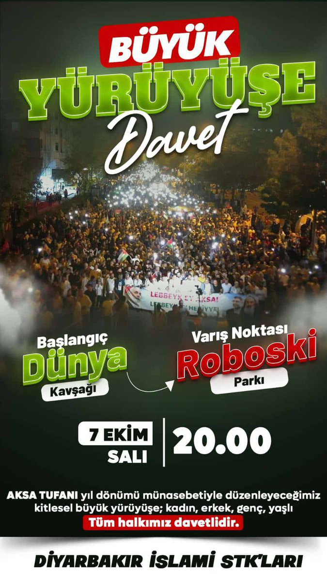 Diyarbakır’da büyük bir yürüyüş olacak.

İsrail paçavrası logolu tişört giyerek Amed’te gezeceğini söyleyenler ile siyonist dil kullananları da davet etmek istiyoruz.

Buyurun gelin!
Herkes yürüyebilir…