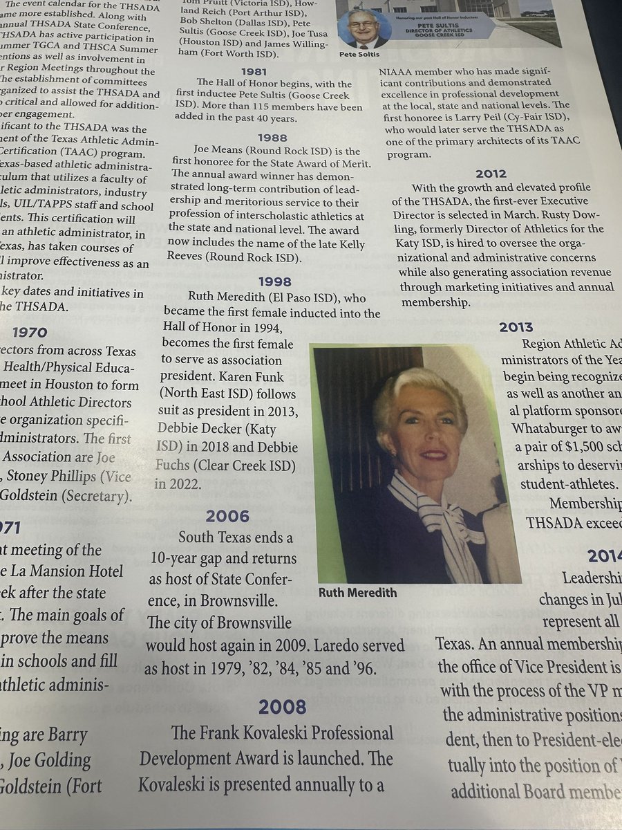 I was an athlete at Socorro HS when Ruth Meredith served as the Athletic Director for El Paso ISD. Although I never had the privilege of meeting her personally, I’ve always admired her legacy. She is a trailblazer-the first woman to be inducted into THSADA Hall of Honor in 1998.