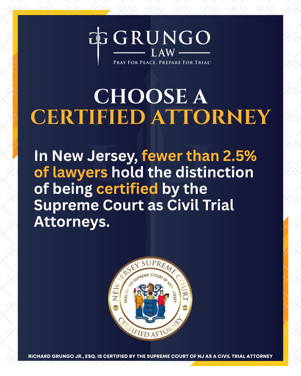 GrungoLawFirm's tweet image. Richard Grungo Jr. is certified by the NJ Supreme Court as a Civil Trial Attorney—a distinction held by fewer than 2.5% of NJ lawyers. This certification proves his trial experience, expertise, and credibility.

#CertifiedAttorney #TrustedExperience #GoGrungo