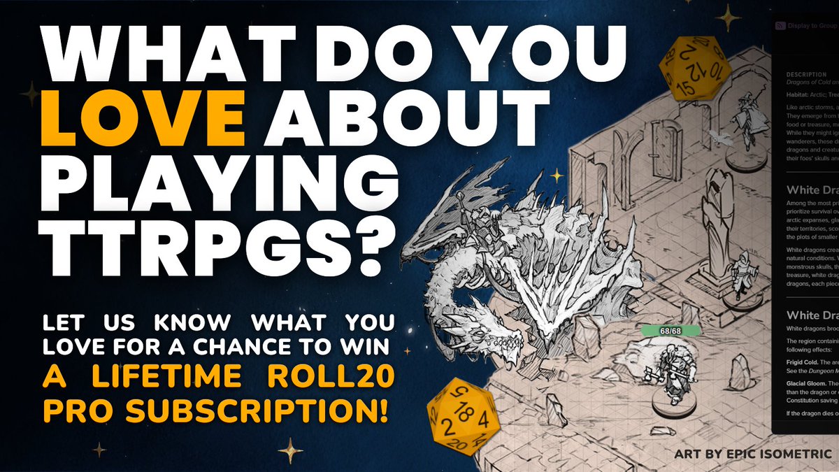 roll20app's tweet image. Last chance to win Roll20 Pro for LIFE! 🥳

Just tell us why you love playing TTRPGs for a chance to win. Share stories and pictures from your campaigns and you could level up your games forever with mod scripts, Dynamic Lighting, and more!

Enter now ➡️ hubs.li/Q03Mk2yd0