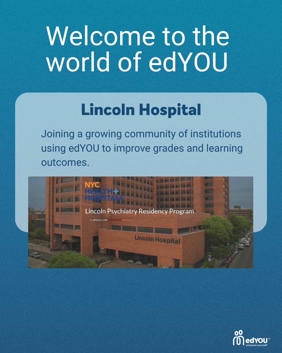 edYOU_Tech's tweet image. We’re thrilled to welcome Lincoln Hospital in the Bronx to the edYOU family. Lincoln’s Psychiatry Residency Program is now using edYOU’s Infinite Test Prep technology to help train clinicians. Discover how edYOU is powering the future of learning➡️: na2.hubs.ly/H01qX8p0