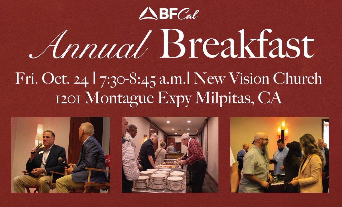 BF_California's tweet photo. 🥞☕ Join the BFCAL Family for our Annual
Breakfast!

Enjoy a warm meal and a special time of fellowship as
we celebrate God’s work together. ✨

For more information, visit https://t.co/LiPbc0Pisc

📅 Save the Date: Friday, October 24, 2025

#BFCAL #AnnualBreakfast https://t.co/f05I3XHcLG