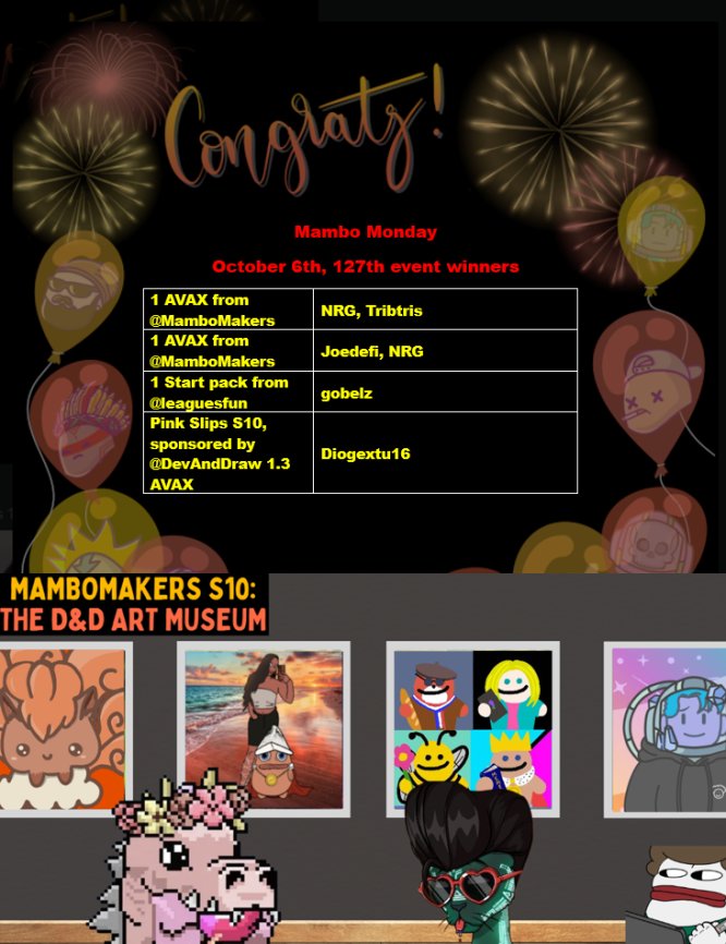 MamboMakers's tweet photo. Thank you for joining our 127th Mambo Mondays 🤑

We had a great time talking with @leaguesfun about their upcoming mint! 🔥

Congratulations to our winners and see you next MM! https://t.co/PPhUFYoFOR