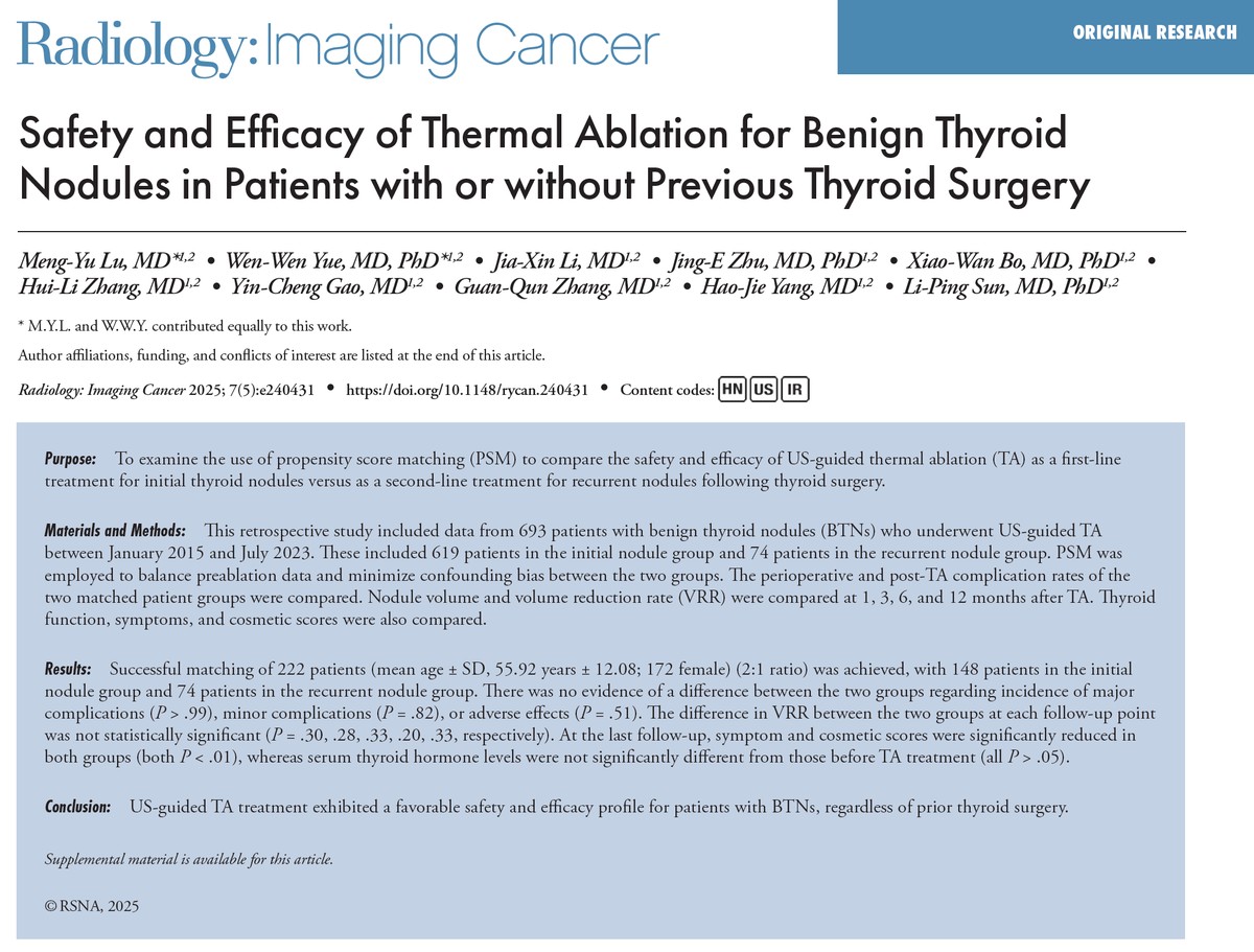 RadIC_Editor's tweet photo. 🔥 Hot off the press from Radiology: Imaging Cancer:

"Safety and Efficacy of Thermal Ablation for Benign Thyroid Nodules in Patients with or without Previous  Thyroid Surgery" by Lu et al.

Full Article: https://t.co/OtoM0zZbpi

#ImagingCancer #Cancer https://t.co/6s9p5qwKDp