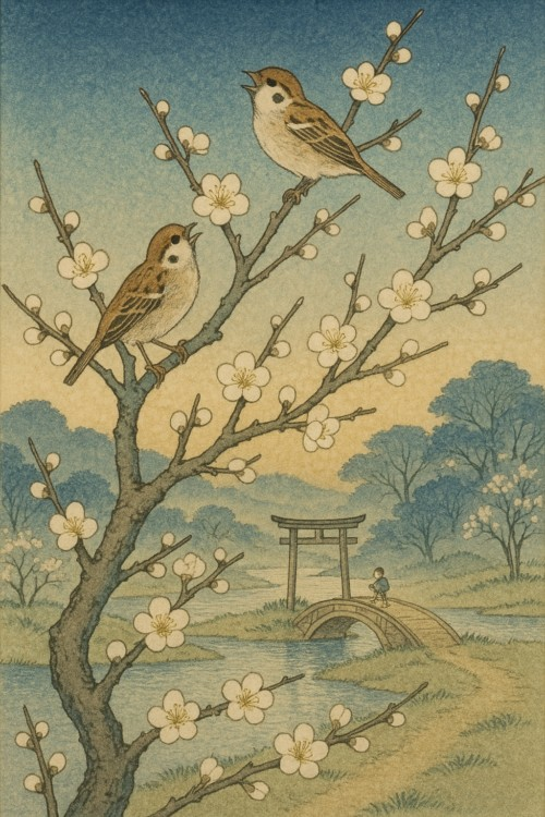 HaikuByIssa's tweet photo. 🌿 俳句（日本語）

雀の声　枝先ひらく　春の朝

🍃 Haiku (English)

Sparrows chirping,  
Branches open with joy,  
A spring morning dawns.

The scene of sparrows singing on blooming branches, heralding the arrival of spring. It evokes the joyful essence of nature awakening. https://t.co/5Y2j2smllE