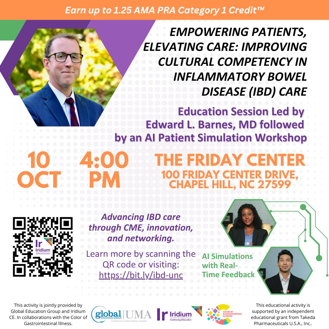 IridiumContEd's tweet image. 🚨 Final reminder! Join us Oct 10 in Chapel Hill for a CME on improving cultural competency in IBD care—plus an interactive AI simulation.

🧑‍⚕️ Led by Dr. Edward L. Barnes
🎓 1.25 AMA credit
🔗 bit.ly/ibd-unc

Provided by Global Ed Group &amp;amp; Iridium CE | In collab w/…