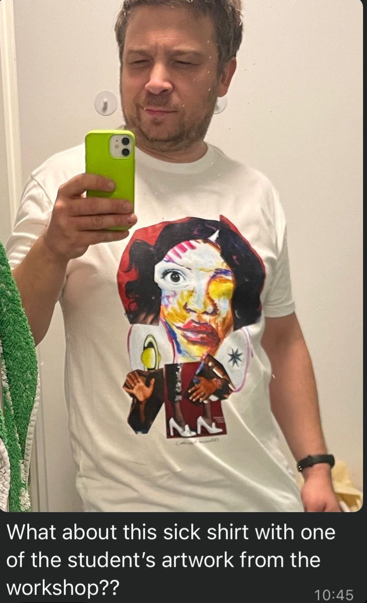 lolashoneyin's tweet photo. Slovenian illustrator Matej de Cecco was a tutor at the recently concluded Lagos International Festival of illustrations. #LIFI2025

Artwork by student Augusta Okhuevbie was so cool that he had it printed on a t-shirt. Expect limited edition #LIFI2025 t-shirt designs #Bookstorm https://t.co/YhvutaHeO9