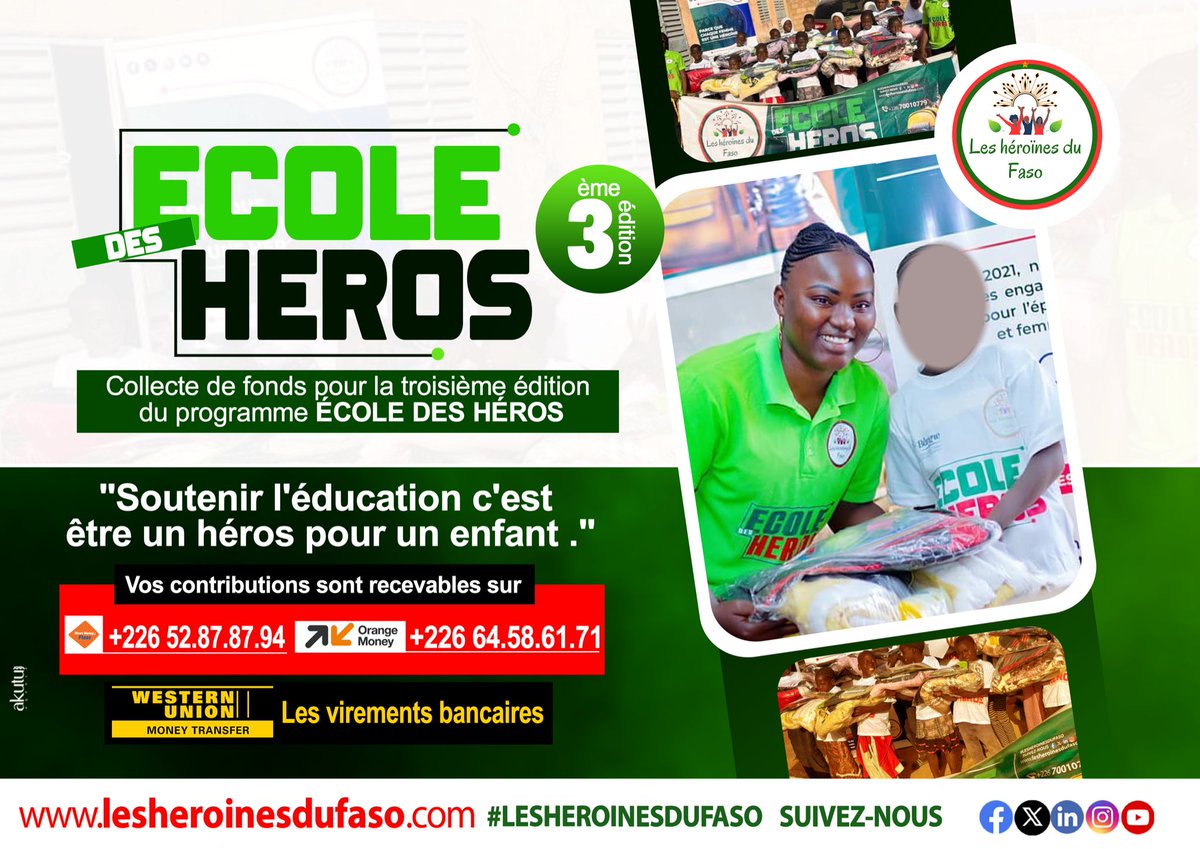 [ Chaîne de solidarité – École des Héros 2025 ] 

Aidons les enfants vulnérables à retrouver le chemin de l’école. Donnez des fournitures, payez une scolarité ou offrez des vivres. Chaque geste compte 🙏🏿

📲 +226 52 87 87 94 / +226 64 58 61 71

#lesheroinesdufaso #EcoleDesHeros