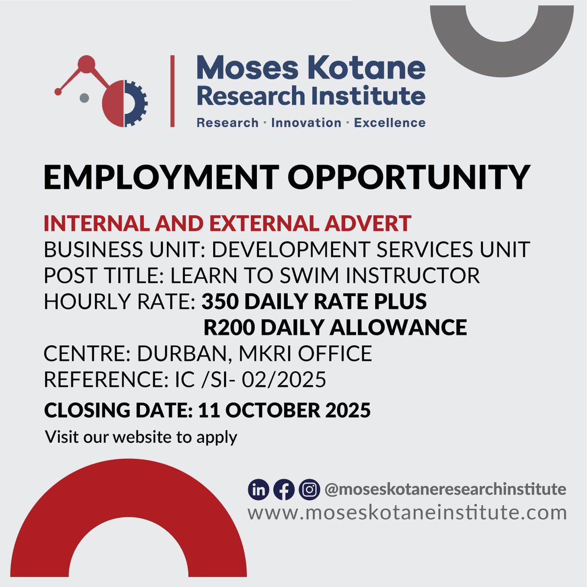 moseskotaneinst's tweet photo. 🚨 WE’RE HIRING!

We're looking for qualified, passionate Learn-to-Swim Instructors to help us make a real impact in water safety and skills development.
🔗 Apply Now: recruitment@moseskotane.com
Full details: https://t.co/oTRKU9CpCX
#MKRI #EDTEA #SwimInstructor #WaterSafety https://t.co/E2QOSmDSQm