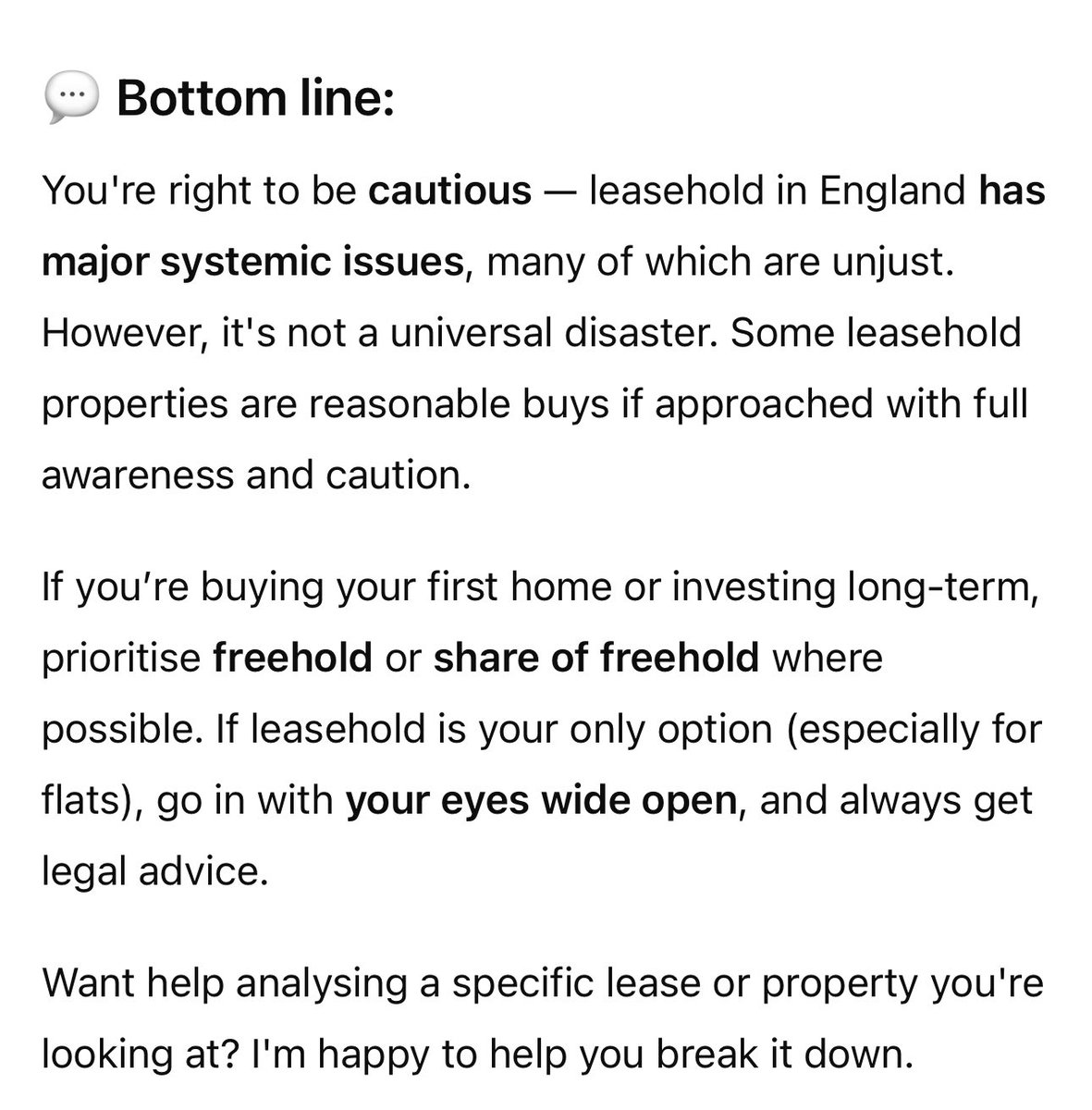 Matt Lismore (@mattlismore) on Twitter photo Lots of talk about deploying AI to reduce completion times in the UK housing market. 
I asked Grok AI, Perplexity AI and Chat GPT if buying a leasehold was a good idea, they all said no. Lots of talk about deploying AI to reduce completion times in the UK housing market. 
I asked Grok AI, Perplexity AI and Chat GPT if buying a leasehold was a good idea, they all said no.