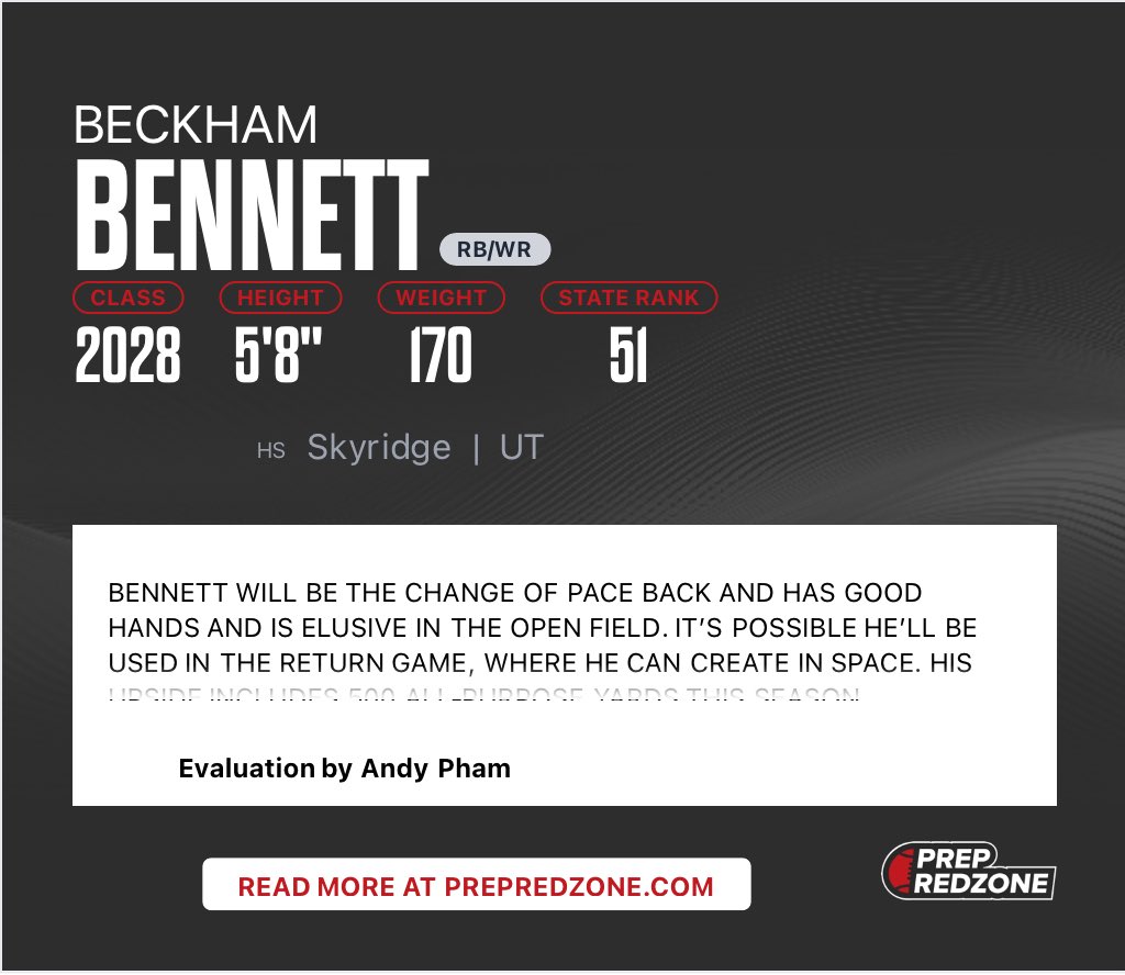 beckhambennett's tweet image. Moving on up in the 2028 rankings for Utah high school football players! 4th running back and 51st overall!

Thank you @PrepRedzoneUT and @Andy_Pham1 

#Skyridge #SkyridgeFootball #HighSchoolFootball #UtahFootball 

@skyridgefb @coachjhemm @BrandonHuffman @GregBiggins…