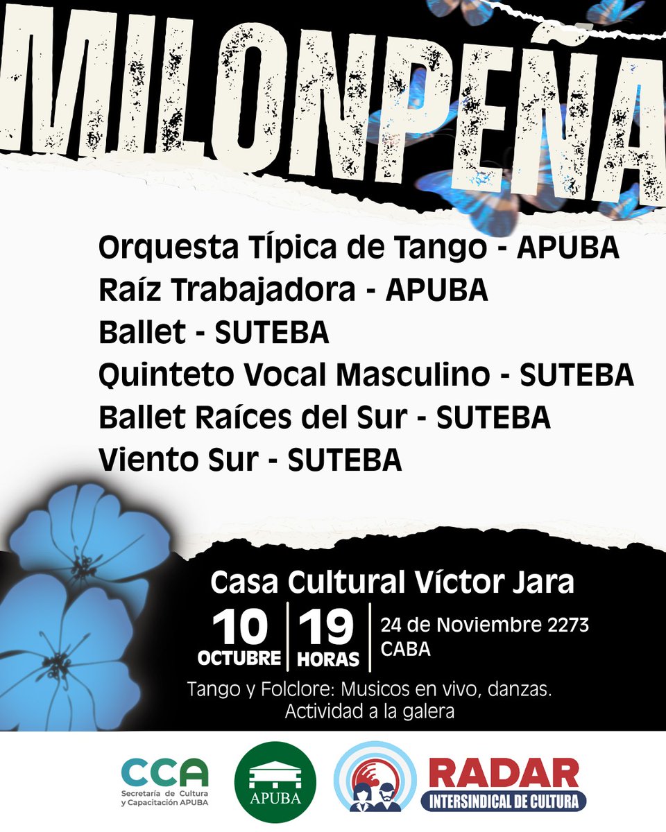 FESTIVAL DE ARTE TRABAJADOR 2025.

Los proyectos culturales de la  Secretaría de Cultura y Capacitación  de APUBA en el festival de RADAR Intersindical.

* Milonpeña
Orquesta Típica de Tango APUBA y Raíz Trabajadora APUBA,
 junto a más proyectos musicales sindicales.

*