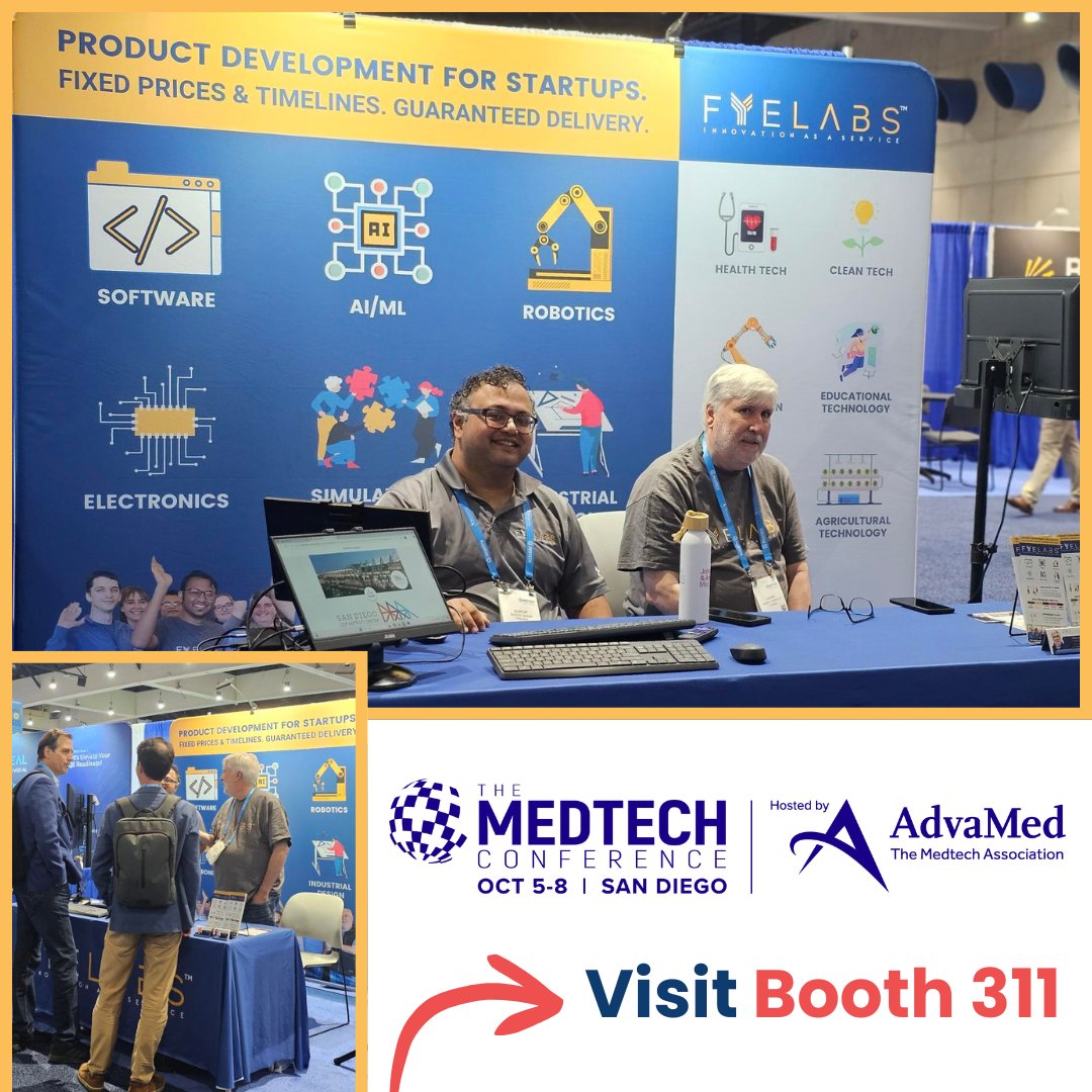 fyelabs's tweet image. 🎉@MedTechCon is LIVE in San Diego — come say ‘hi’ to the @FYELABS team at Exhibitor Hall ‘Booth 311’! Talk #healthtech, #prototypes, &amp;amp; #startuppower success with Suvojit Ghosh (PhD), Paramita Basu (PhD, MBA) &amp;amp; Thierry Cherpillod. Let’s help shape the future of #MedTech! #MTC25