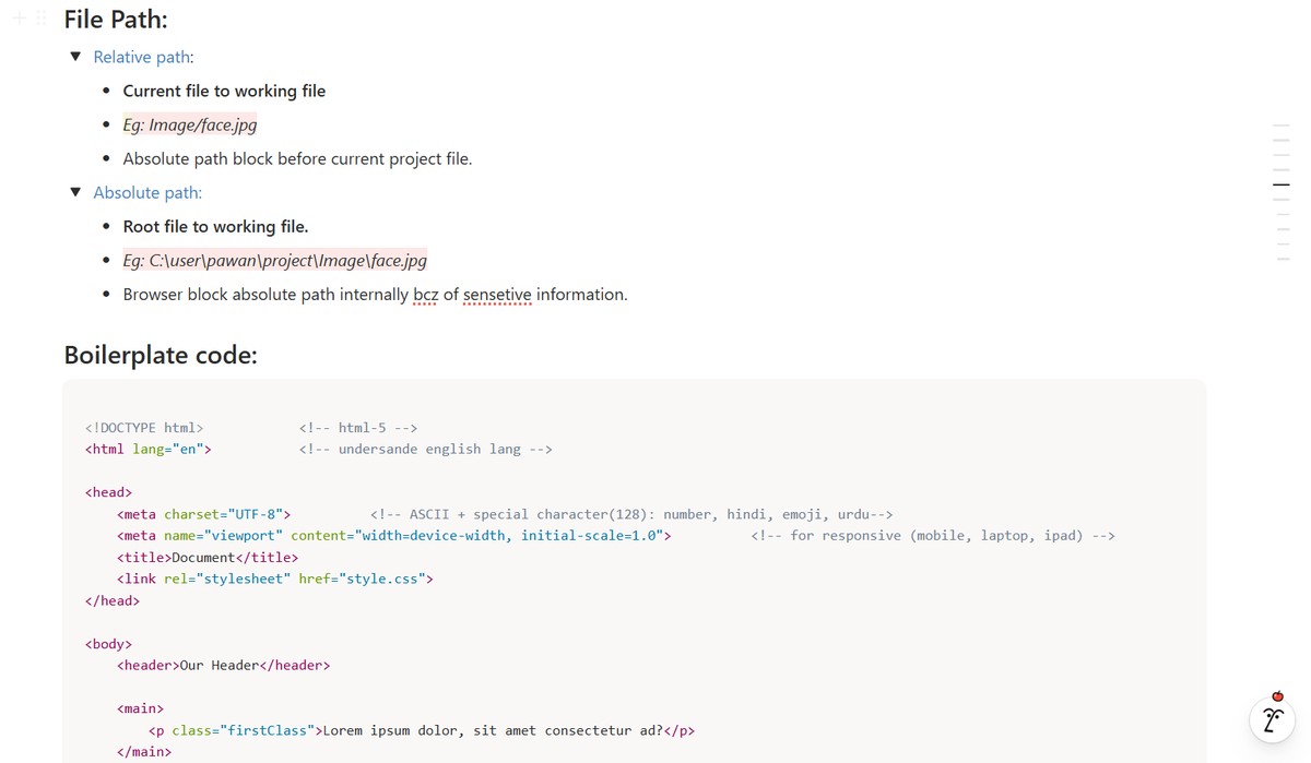pawan_bisht777's tweet image. 3. Master file path &amp;amp; the perfect #HTML template to start every project professionally.🚀
📍Topics:
✅Relative/Absolute path
✅HTML file structure / Boilerplate
✅Tags: &amp;lt;div&amp;gt;, &amp;lt;header&amp;gt;, &amp;lt;main&amp;gt;, &amp;lt;footer&amp;gt; 
✅class, id

Notes: notion.so/HTML-Hyper-Tex…
Github: github.com/IamPawan777/Fu…