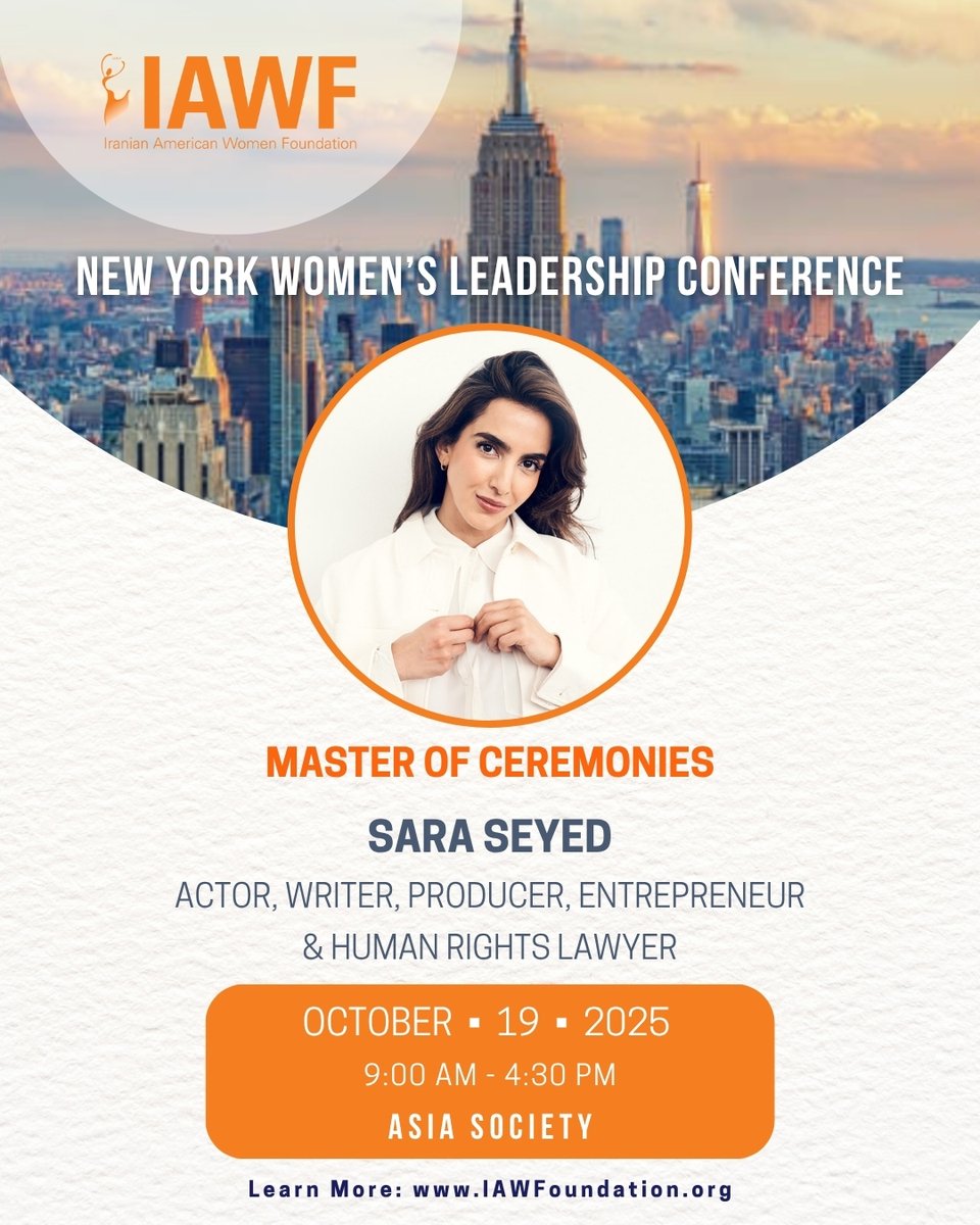 IAWFoundation's tweet photo. We are excited to introduce @saraseyedd as the Master of Ceremonies for our New York Women’s Leadership Conference!

Learn more about the conference and reserve your seat: https://t.co/VdF4oVhbcJ https://t.co/rzbi8UDPz5