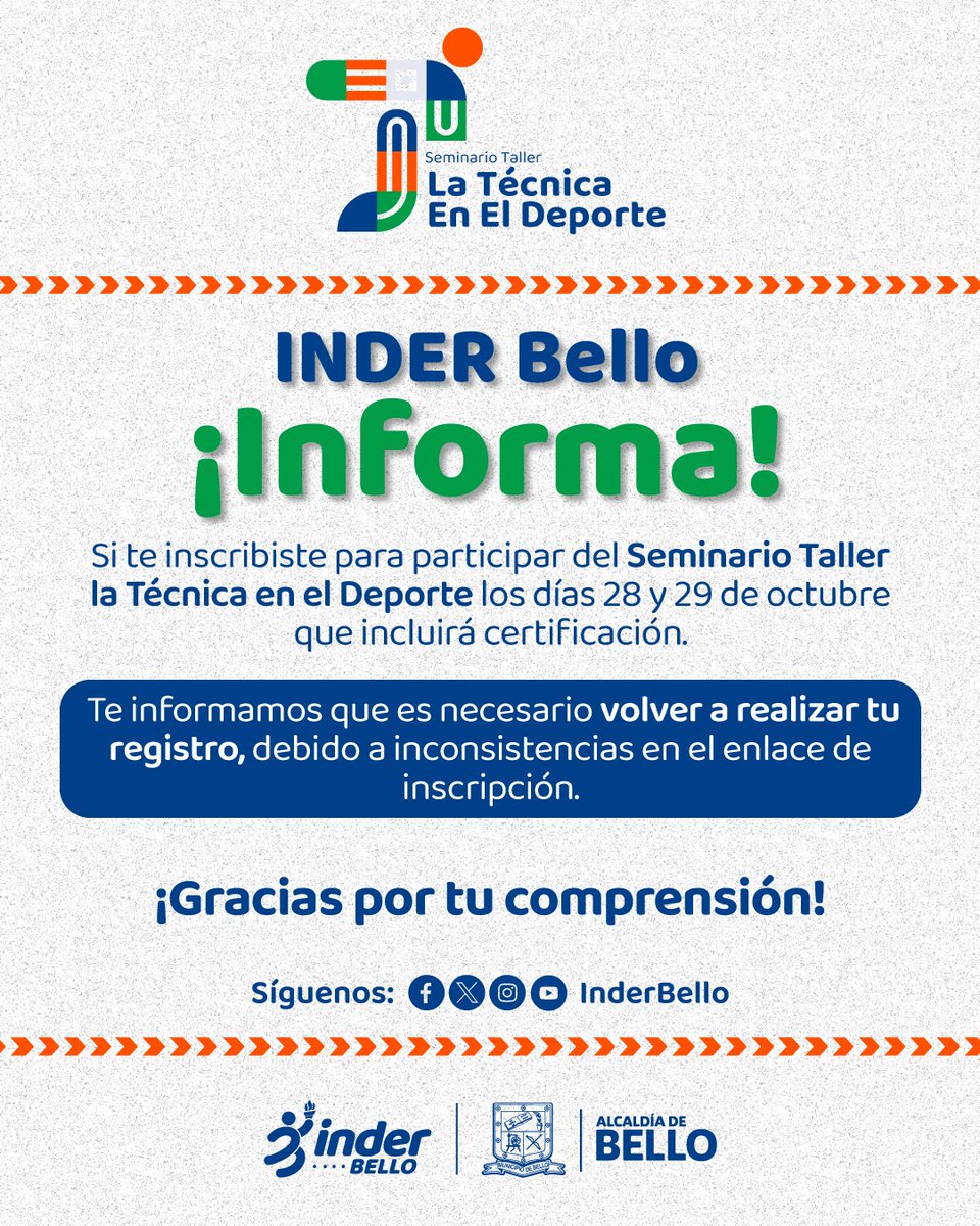 En alianza con la Universidad Minuto de Dios los invitamos al *Seminario-Taller “La Técnica en el Deporte”* ⚽🏀🤸‍♀️.

💪 Una oportunidad para fortalecer la enseñanza y práctica de la técnica deportiva.

👉🏻¡Inscríbete forms.gle/r7xqDZDyUsKbNV…