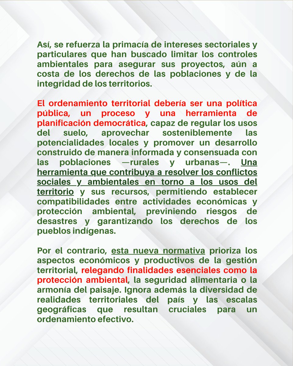 🧵 Desde la Plataforma para la Gobernanza Responsable de la Tierra nos sumamos al pronunciamiento de la <a href="/PlataformaOT/">Plataforma para el Ordenamiento Territorial</a> ante la aprobación de la Ley N.º 32279, que debilita el ordenamiento territorial en el Perú. 👇#OrdenamientoTerritorial