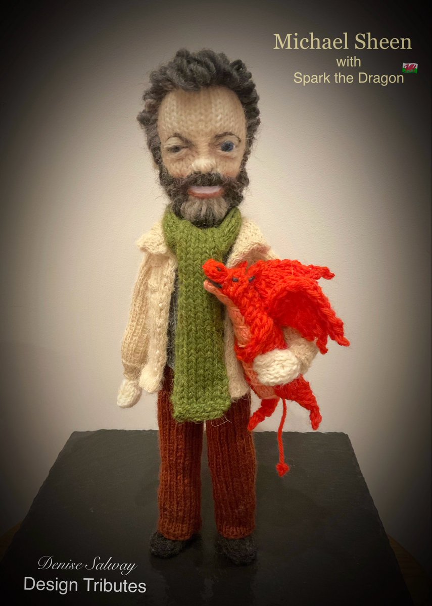 KnittingWitchUK's tweet photo. Tribute @michaelsheen #knittedmichaelsheen #actor #welsh with #sparkthedragon @ShelterCymru #jesswebb book #illustration #sarahmassini #welshknitter #denisesalway #handmade https://t.co/CHhkwfxws7
