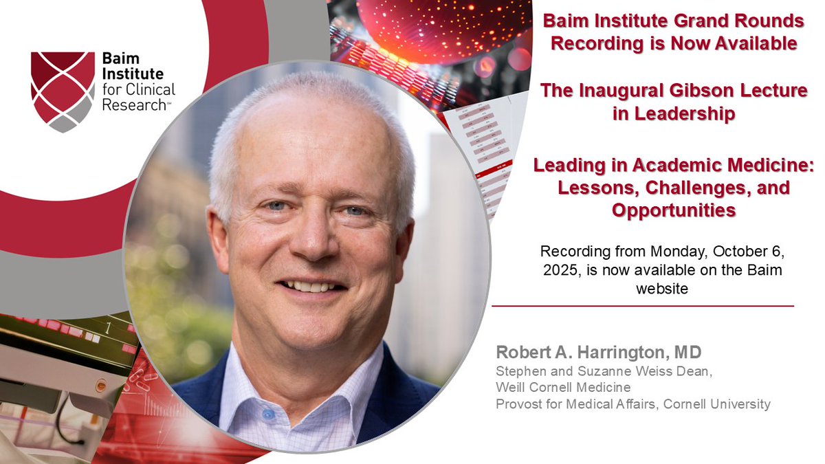 The recording from today’s Baim Grand Rounds and Inaugural Gibson Lecture in Leadership with Dr. Robert Harrington on “Leadership in Academic Medicine: Lessons, Challenges, and Opportunities” is now available on the Baim website. You can view it here: baiminstitute.org/index.php/lead…
