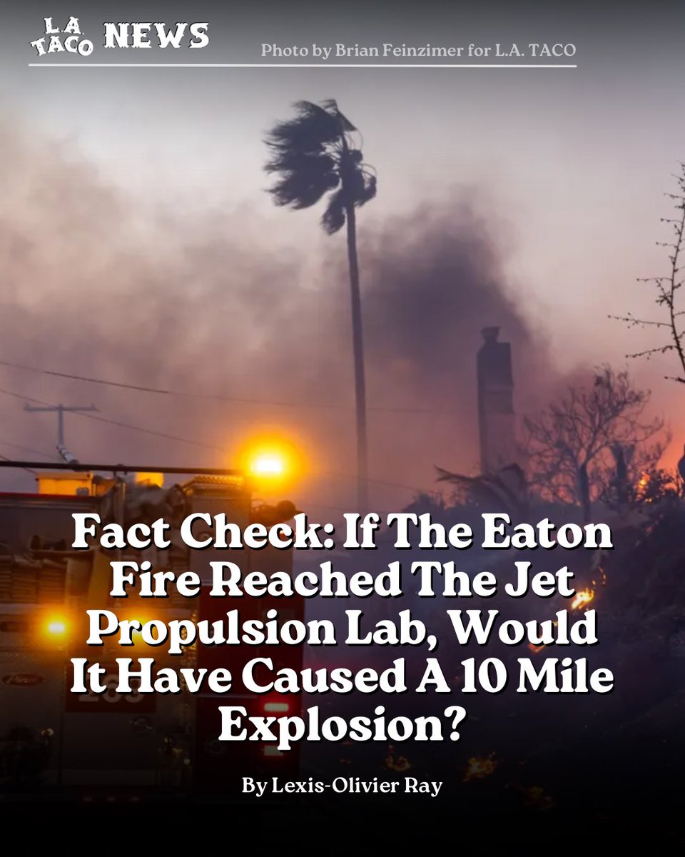 LATACO's tweet photo. “There is a common misconception that we store rocket or jet propellants on site; however, JPL has not worked on jet or rocket propulsion for over 60 years,” a spokesperson for JPL told L.A. TACO.

The full story: https://t.co/LCcgFM7H6Q

By @ShotOn35mm https://t.co/CpbHVaYDtN