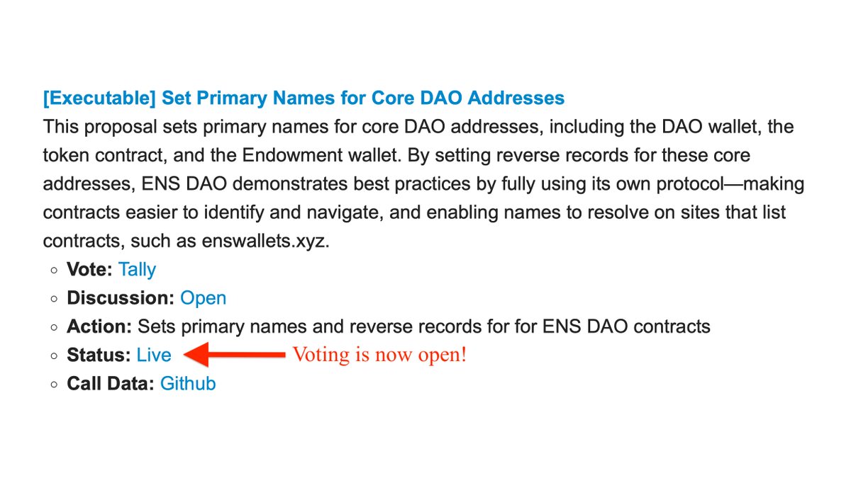 Attention delegates!

New proposal sets primary names for core ENS DAO contracts, demonstrating best practices and full use of the ENS protocol.

Vote now → tally.xyz/gov/ens/propos…