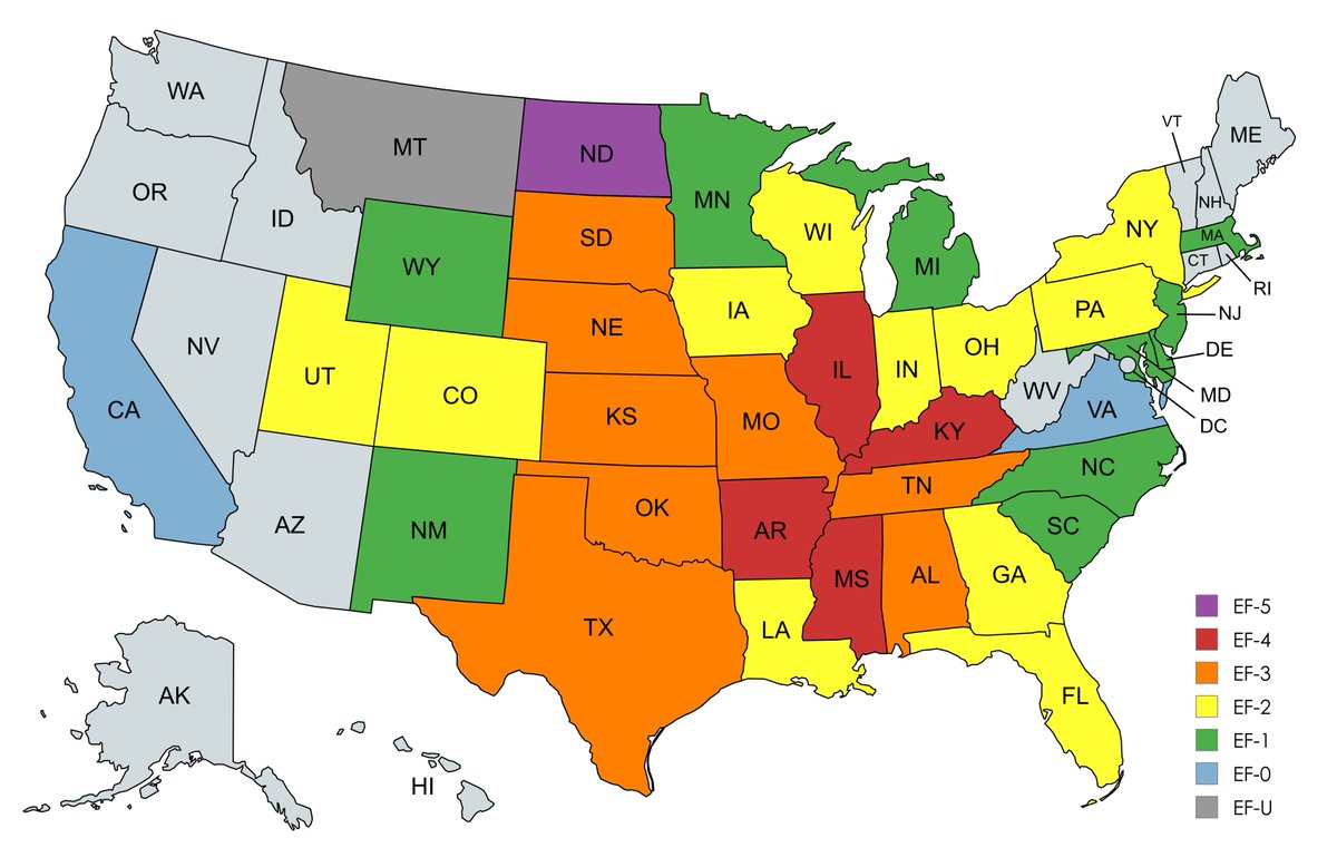 With the Enderlin, ND tornado being upgraded to an EF-5, this is the strongest tornado damage in each state this year
