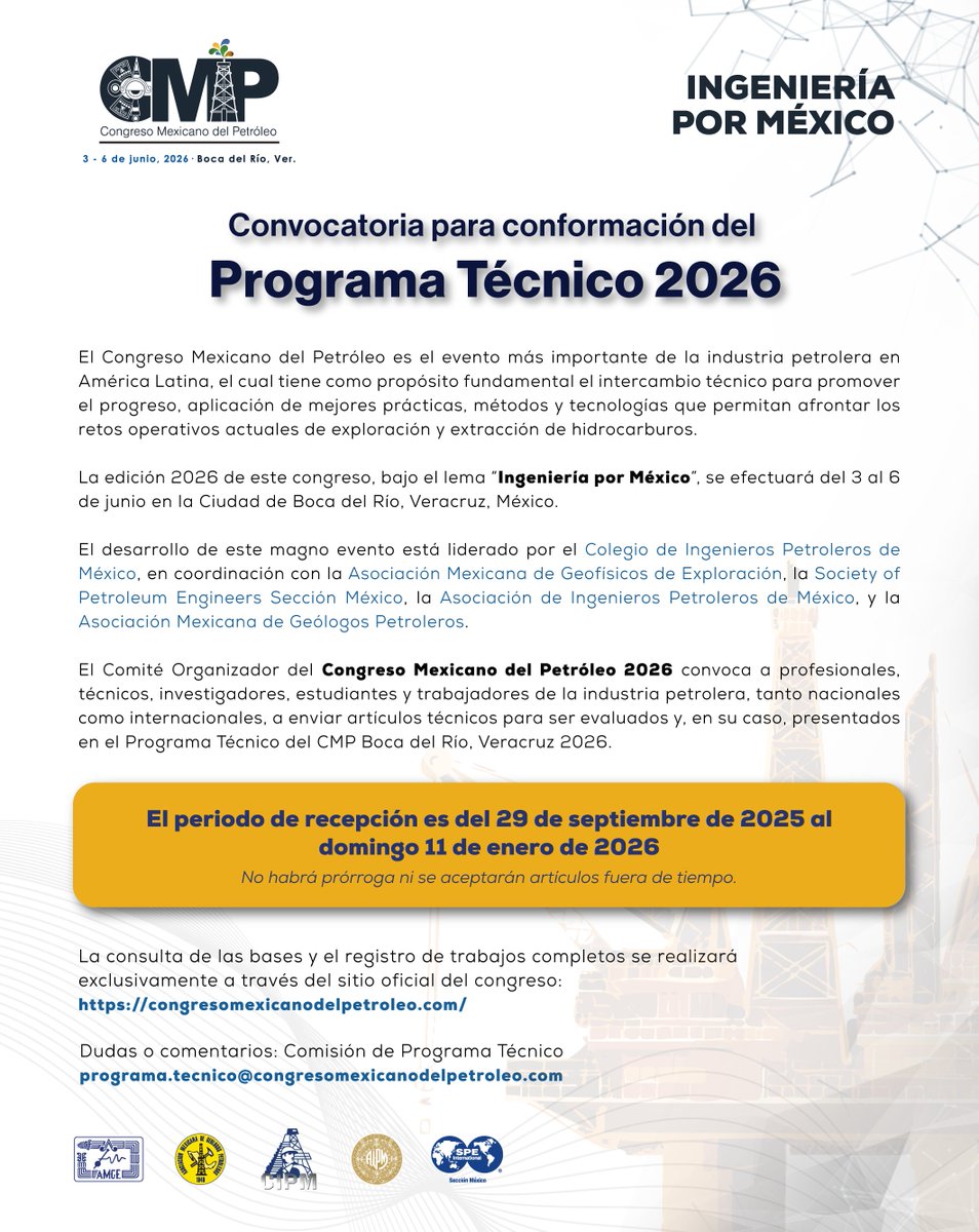 Convocatoria
Programa Técnico CMP 2026

Para mayor detalle favor de consultar la página:
congresomexicanodelpetroleo.com
