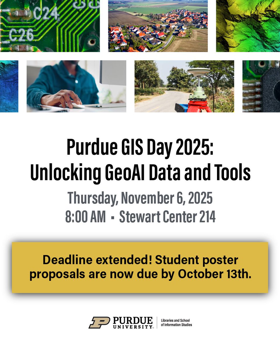 PurdueLibraries's tweet image. Purdue GIS Day 2025 is Nov. 6.
Talks, a workshop from Esri and a student poster competition (with cash prizes).
Register by Oct. 19 for free T-shirt + lunch.
Deadline Extended! Poster proposals due Oct. 13.
Details: hubs.la/Q03MrJ9Q0