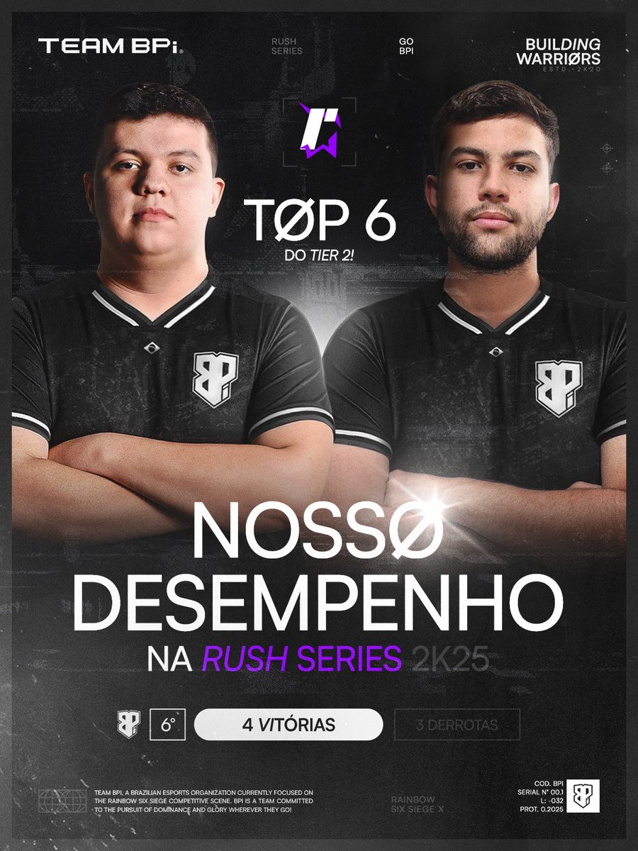 TOP 6 DO TIER 2 BRASILEIRO! 🇧🇷 

Esse foi nosso desempenho durante a Rush Series, apesar de sabermos que poderíamos ter ido mais longe no campeonato. 

Obrigado a todos que acompanham o BPi e deixaram seu apoio durante o campeonato, obrigado! 🤍🖤

#GoBPi