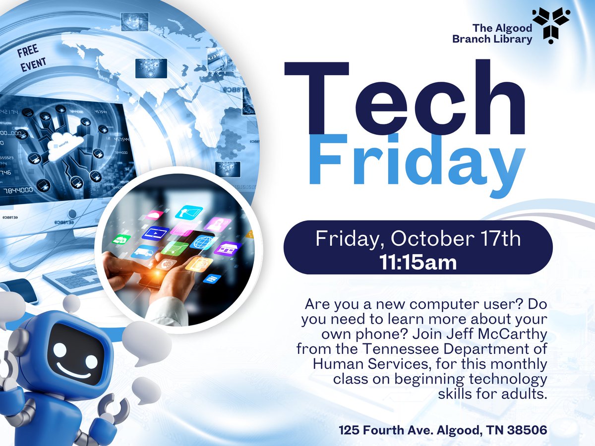 PutnamLibraryTN's tweet image. Join us at the Algood Branch Library Friday, October 17th at 11:15am for our Tech Friday! Jeff McCarthy from the Tennessee Department of Human Services to learn all about technology basics.
#TechFriday #technologybasics #algoodbranchlibrary #weloveourcommunity