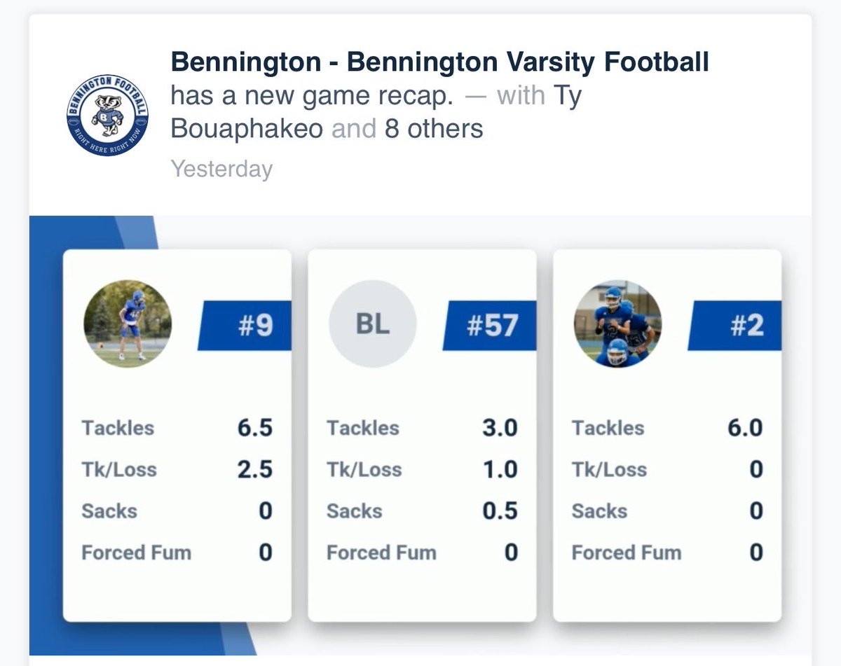 Kelli Uhing (@huskerkelliu) on Twitter photo Look who made the top 3 defensive players last Friday!!
Bennington 42
Blair 0
Proud of you <a href="/BaylorUhing/">Baylor Uhing</a>!
Keep grinding!! 💙🏈💪🏻
<a href="/Badger_FB/">Bennington Football</a> <a href="/nicku62/">Nick Uhing</a> Look who made the top 3 defensive players last Friday!!
Bennington 42
Blair 0
Proud of you <a href="/BaylorUhing/">Baylor Uhing</a>!
Keep grinding!! 💙🏈💪🏻
<a href="/Badger_FB/">Bennington Football</a> <a href="/nicku62/">Nick Uhing</a>
