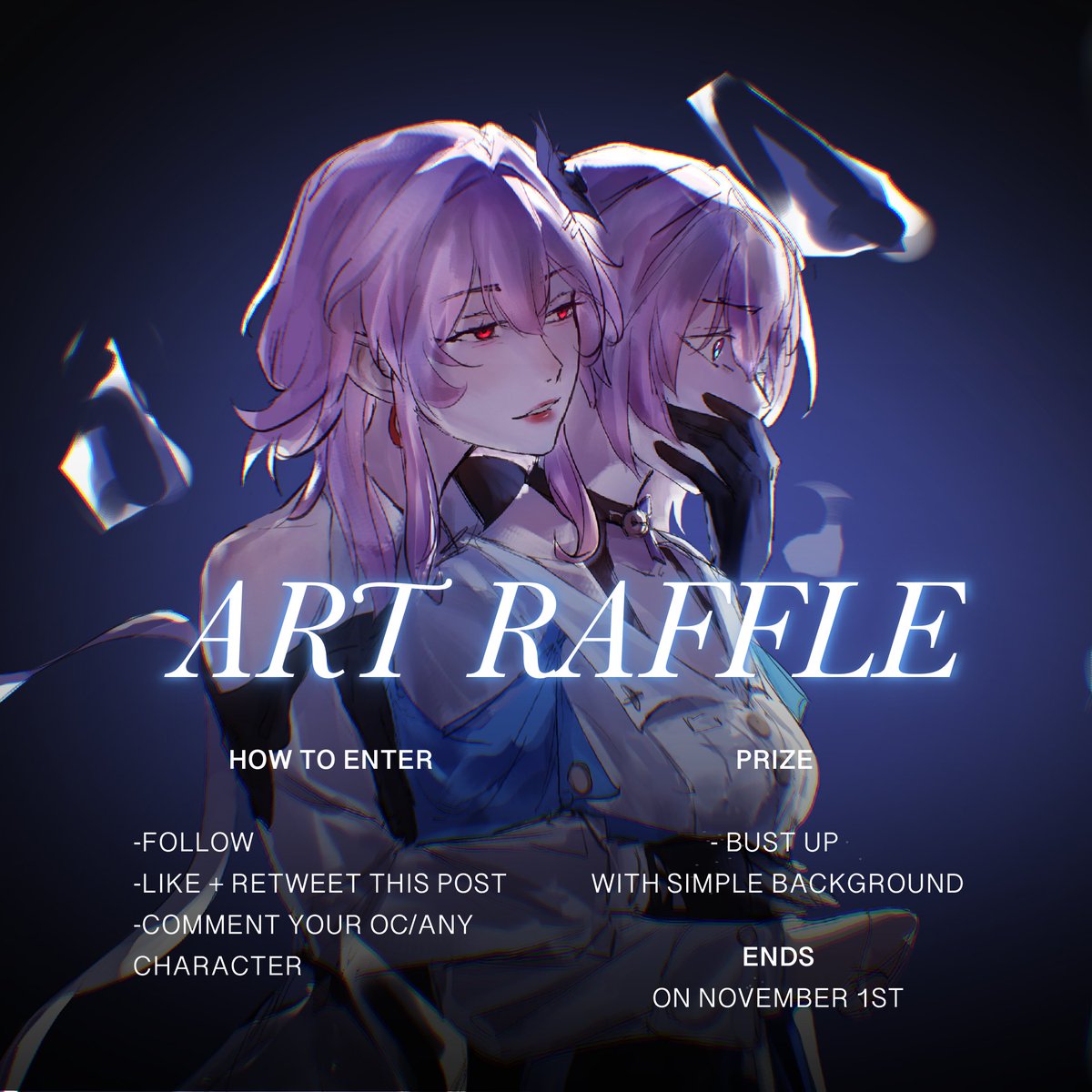 Yuni_Teuer17's tweet image. October ART RAFFLE✨

To join:
&amp;gt; Follow 👤
&amp;gt; Like ❤️
&amp;gt; Rt ♻️
&amp;gt; Comment with your OC (optional)
Ends: November 1st

Prizes:
Bust up art 
1 WINNER ONLY

Commission Limited offer: 20% off ‘til the November 5th, 5 spots only! If you&apos;re interested, don&apos;t miss out!
#artraffle #artmoots