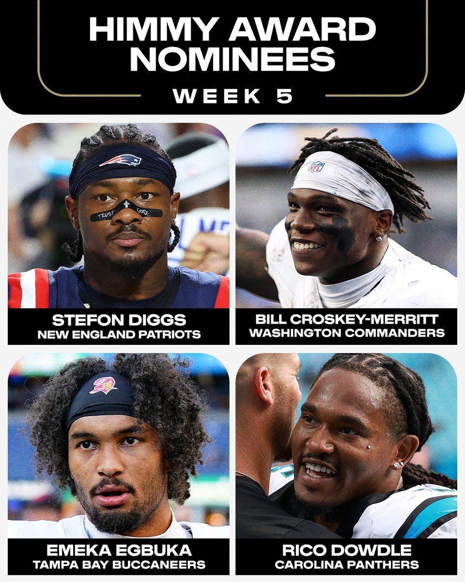 ESPNNFL's tweet image. Who is HIMMY from Week 5? 🏆
1️⃣ Stefon Diggs
2️⃣ Bill Croskey-Merritt
3️⃣ Emeka Egbuka
4️⃣ Rico Dowdle
Vote here ➡️ poll.votenow.tv/riNO3cb