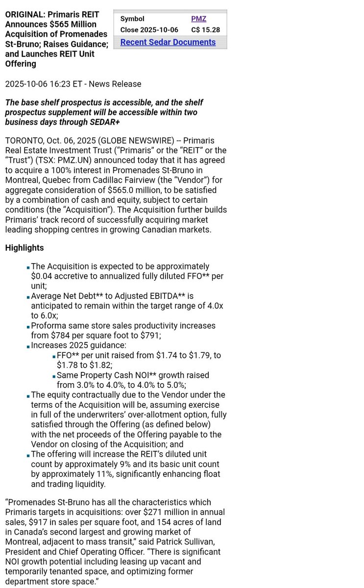$PMZ.UN REIT out with a $565 million acquisition of a Montréal "suburb" shopping mall. Makes me realize why George Armoyan has been pounding the table of long-time laggards $MRC.TO &amp; $MRT.UN which have comparable properties and trades at small fractions of implied value of late.