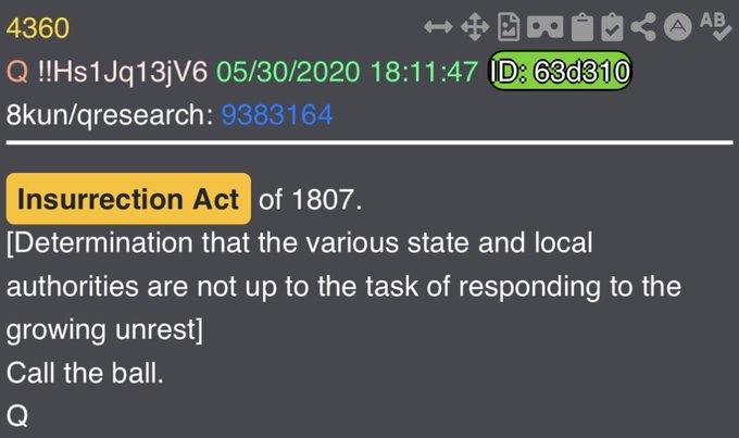 A screenshot of a historical document titled Insurrection Act of 1807 with text stating Determination that the various state and local authorities are not up to the task of responding to the growing unrest followed by Call the ball and a reference number 983164 at the bottom.