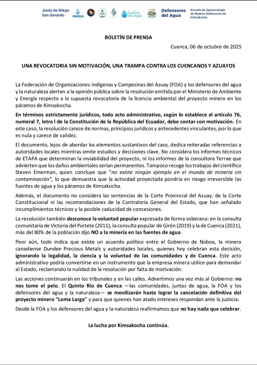 🚨 La FOA y defensores del agua alertan: la supuesta revocatoria de la licencia ambiental en Kimsakocha carece de motivación jurídica y podría favorecer a la minera. La lucha continúa en tribunales y calles. 💧 KIMSAKOCHA NO SE TOCA #DefensaDelAgua #Kimsakocha
Boletín completo👇